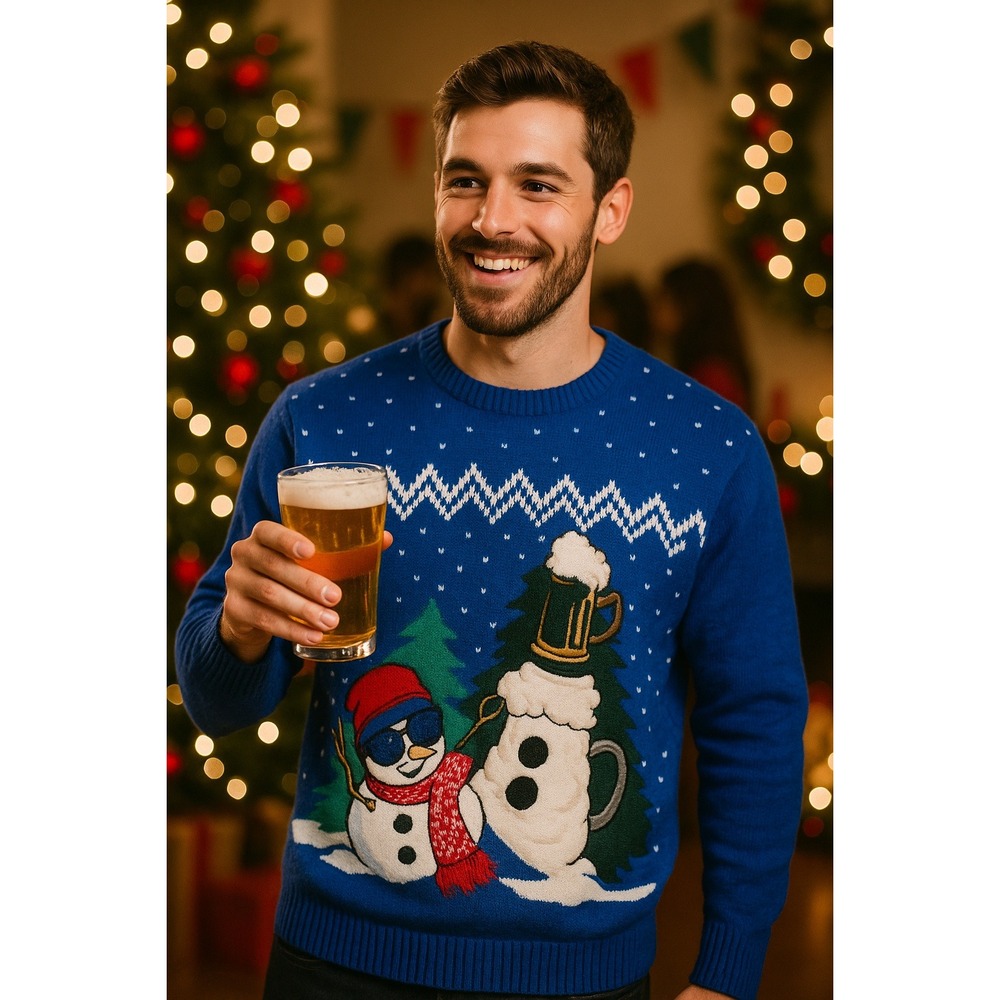 Ugly Christmas Sweater‎ Winter Blue Snowman Frosty Beer Sunglasses Textured 2XL